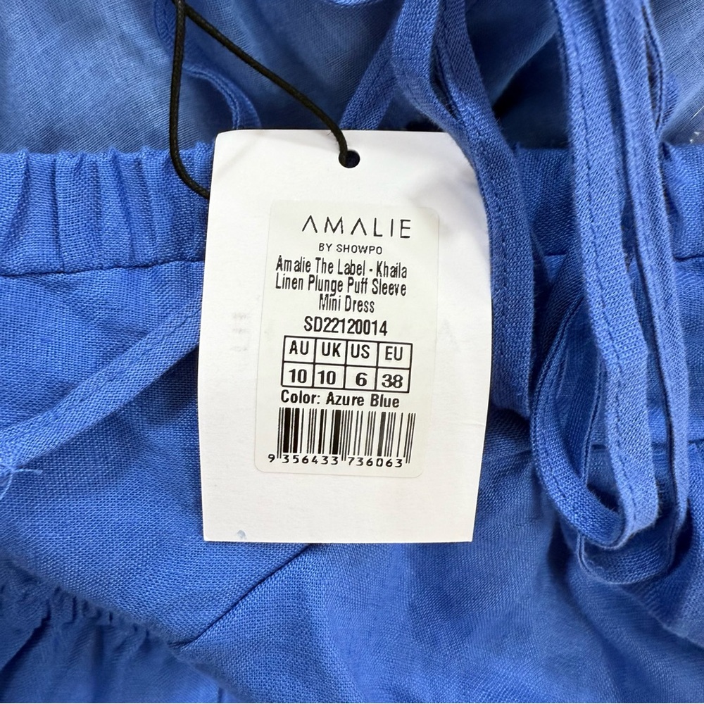 NEW Amalie the Label by Showpo Khaila LInen Lunge Puff Sleeve Mini Dress Blue 6 - Picture 12 of 15